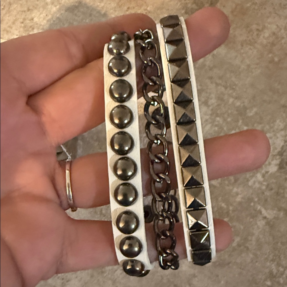Y2K White and Silver Studded Bracelet Set